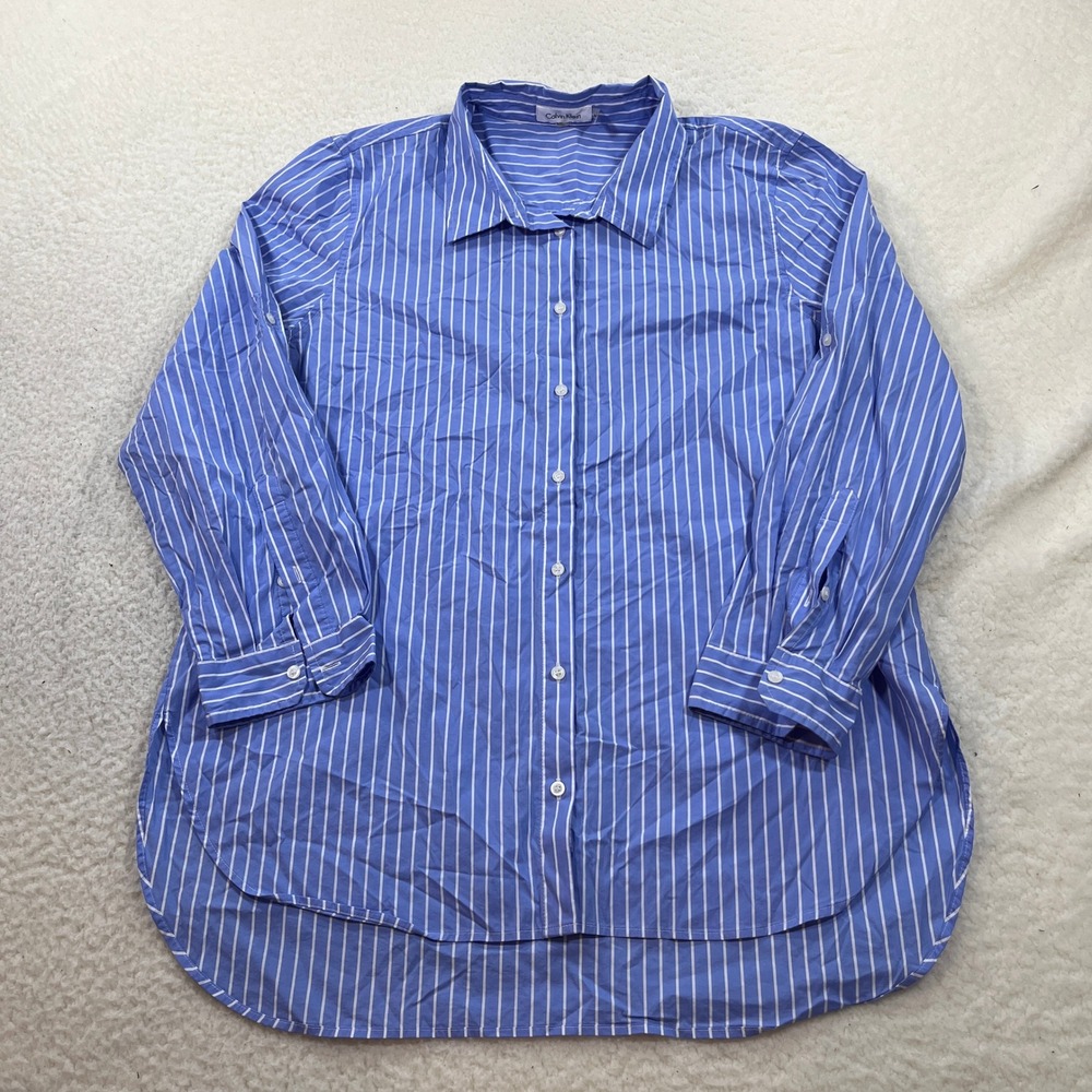 Calvin Klein Shirt Womens XL Blue Striped F7VAN580 Long Sleeve Button Up Hi-Low